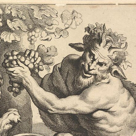 Etching of a devious satyr holding out grapes. Created by Lucas Vorsterman The Second.