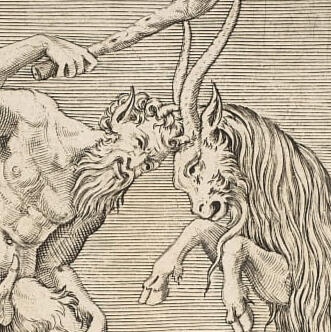 Engraving of a satyr and ram butting heads. The satyr holds a club above the ram's head. Created by Marco Dente.